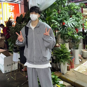 高级感立领垫肩卫衣外套男潮牌小众设计休闲宽松阔腿运动长裤套装图片