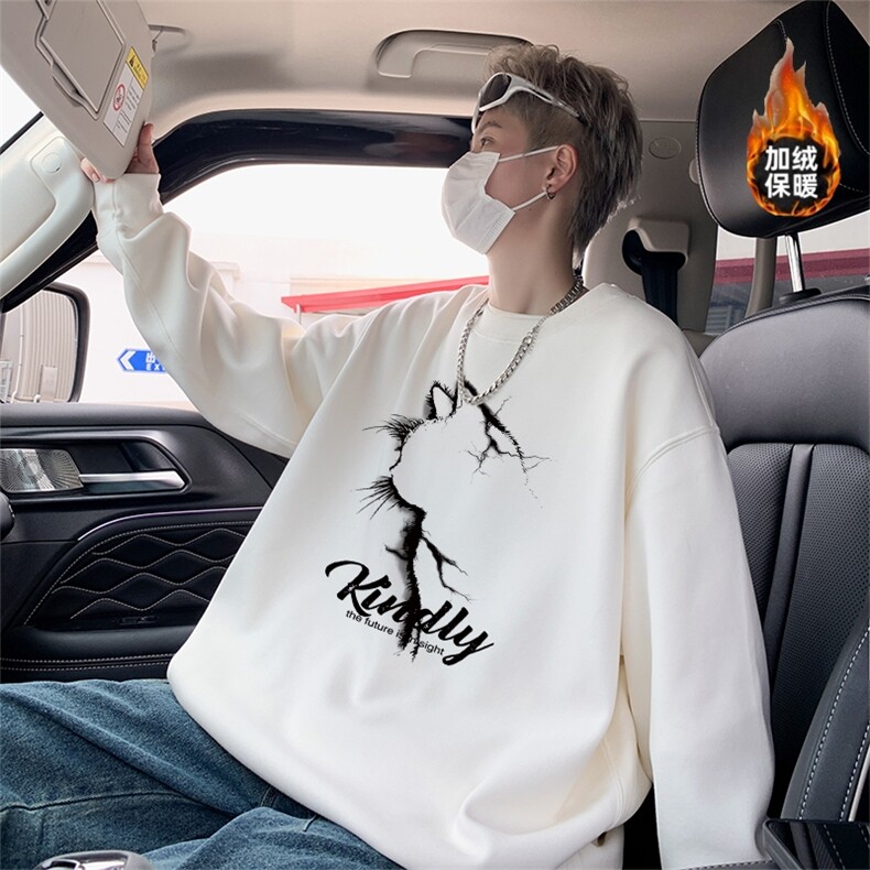 新款秋冬季重磅华棉加绒圆领猫咪侧影卫衣男美式猫猫印花卫衣男,男装卫衣,星座410-7