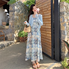 碎花吊带连衣裙冰丝针织防晒开衫两件套法式浪漫优雅度假风套装裙，女装连衣裙，2C166