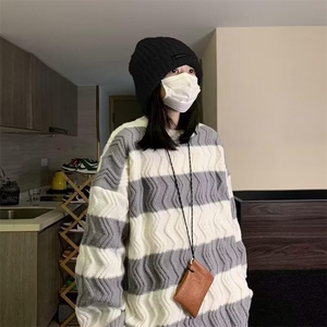 条纹毛衣女秋装宽松慵懒风日系复古小众设计感针织衫外套图片