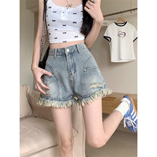 美式复古磨毛毛边女牛仔短裤2025春夏季新款设计感宽松显瘦，女装牛仔裤，星座506