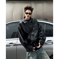 美式新款PU皮衣格子两面穿夹克潮牌设计时尚外套，男装夹克，星座410-7