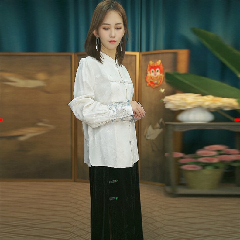 现货2024春季新款简约刺绣盘扣衬衫新中式穿搭上衣B02,女装衬衫,非你不可新中式