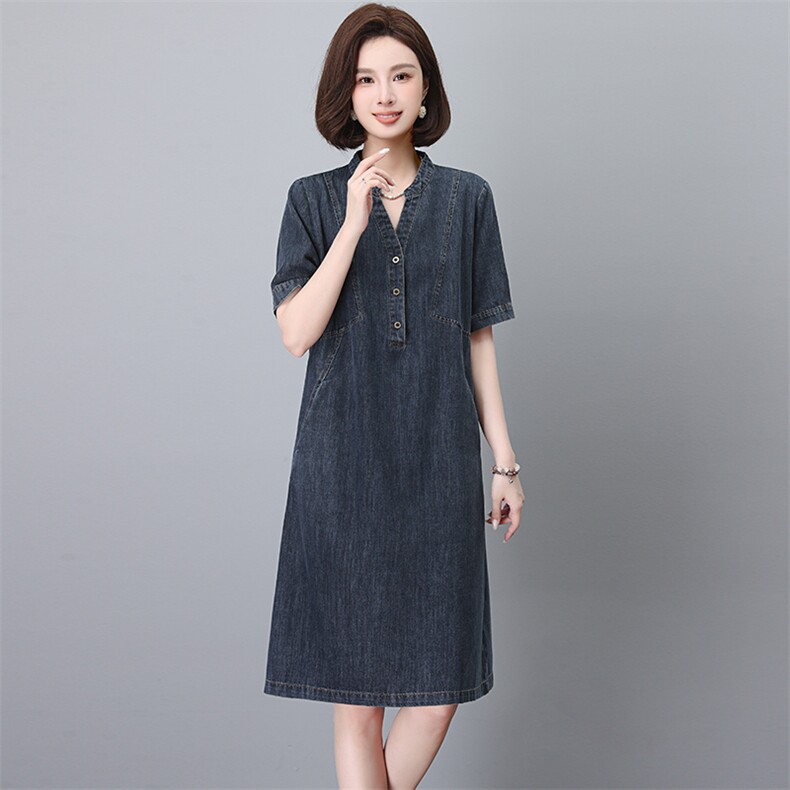 牛仔连衣裙女2025新款夏季大码宽松胖mm遮肚子显瘦气质妈妈薄裙子,女装牛仔裙,韩派