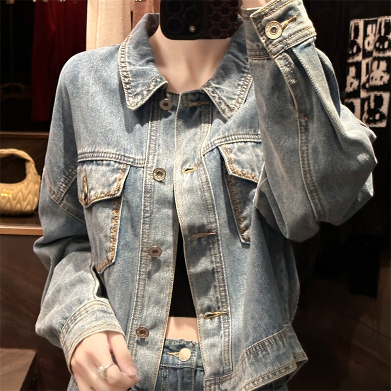 时尚百搭气质休闲牛仔外套女新款宽松显瘦长袖夹克上衣,女装牛仔外套,宛庄羊绒