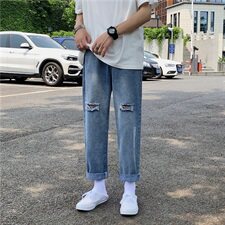 港风夏款男破洞牛仔裤宽松字母印花潮直筒九分裤n，男装牛仔裤，星座1013-1