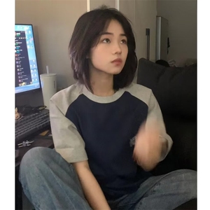 港风chic复古撞色短袖t恤男女夏季宽松oversize情侣上衣WL033-P30图片