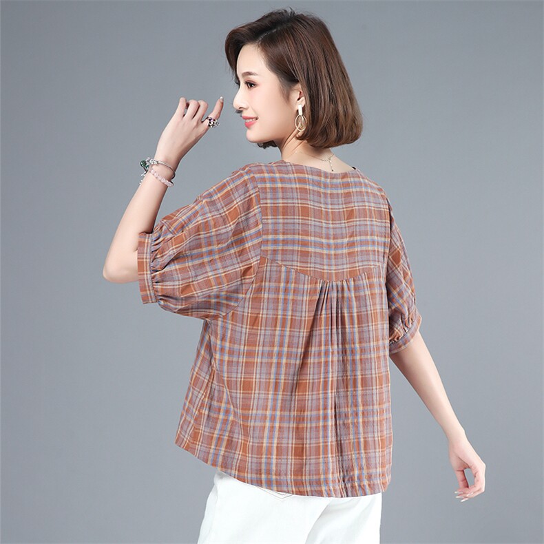 2021年夏季时尚潮流简约舒适优雅个性格子圆领上衣,女装大码女装,悦见她