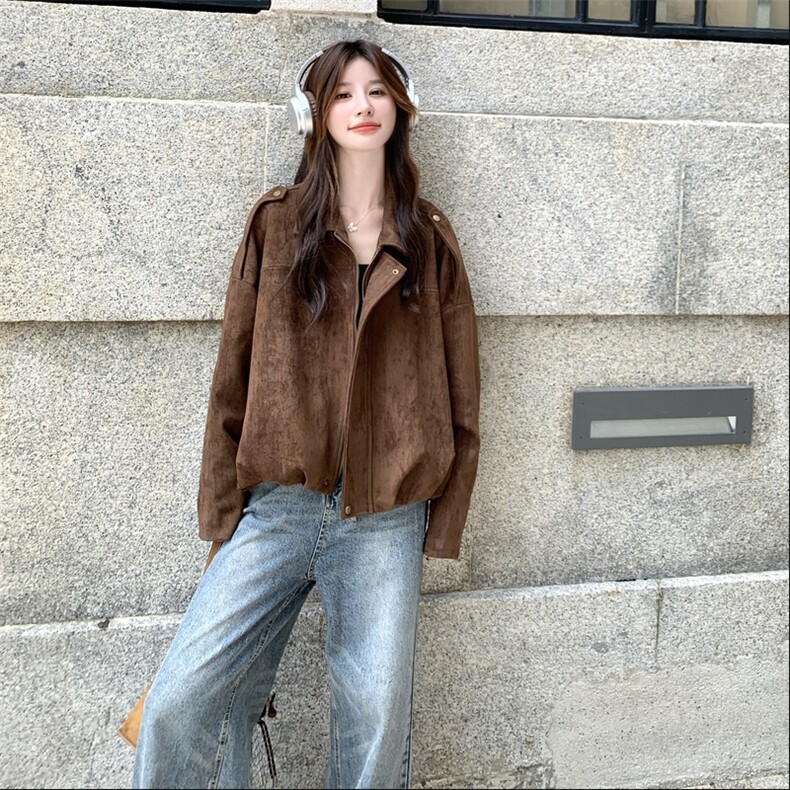 美拉德麂皮绒外套女2025秋季新款复古宽松时尚小个子机车风夹克潮,女装短外套,浙宝217
