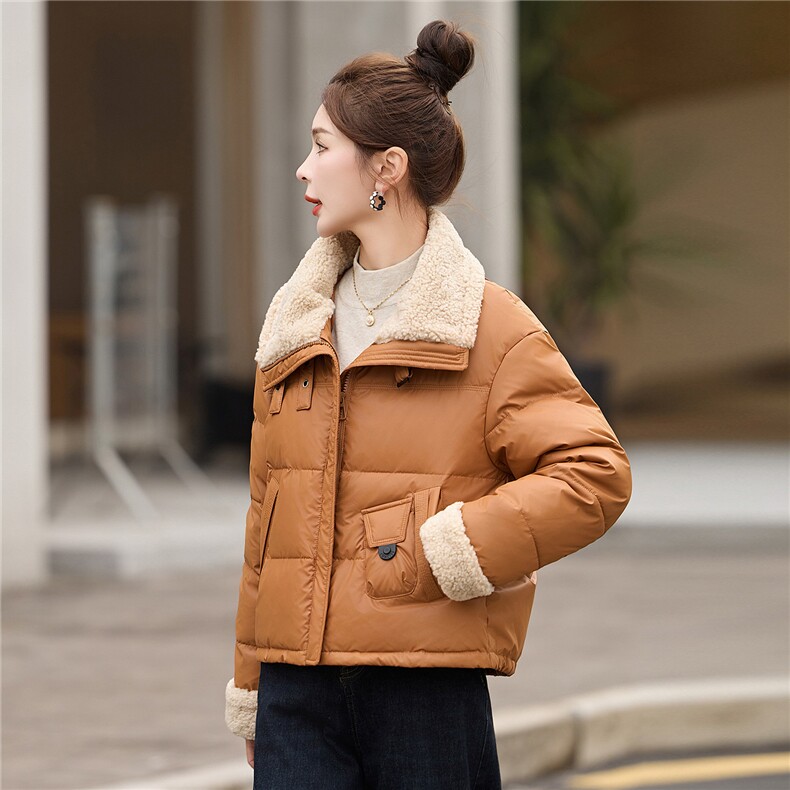 时尚羊羔毛翻领PU皮短款羽绒服女2025冬季新款宽松保暖白鸭绒外套,女装羽绒服,沐七七