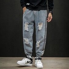 2021春秋季新日系大码男束脚印花撞色拼接九分破洞牛仔裤N8105-P50，男装牛仔裤，电商A001