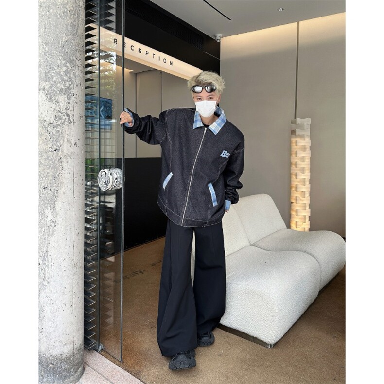 复古红色格子翻领拼接美式工装拉链牛仔夹克欧美高街hiphop外套潮,男装工装外套,星座1210-1