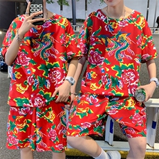 TZ203夏季新款男士T恤短裤套装东北大花大码红色蓝色青年运动套装，男装T恤，星座115A(原星座507）