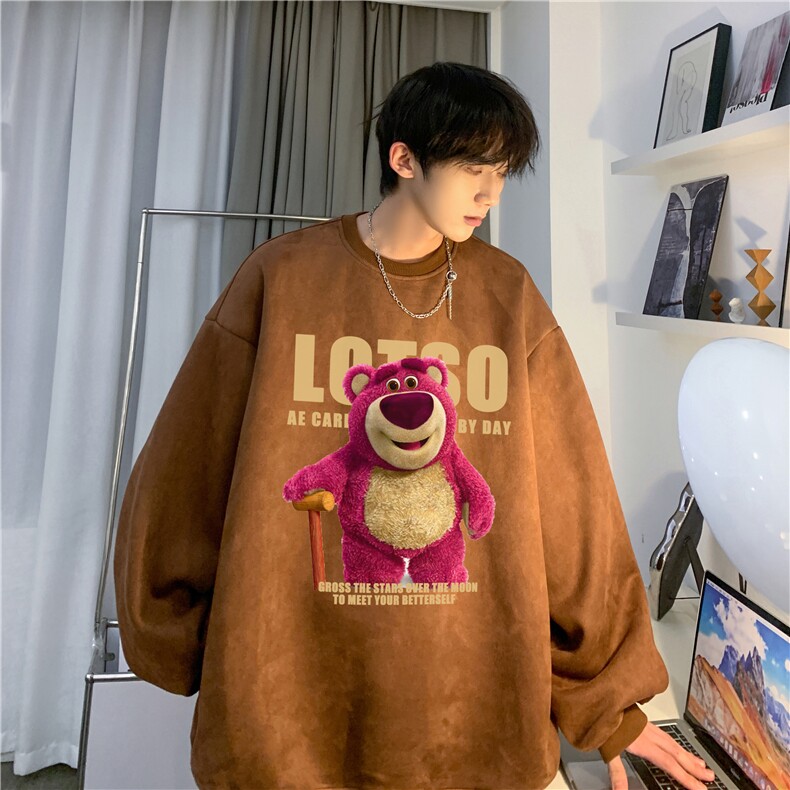 2023秋季新款草莓熊印花麂皮绒宽松落肩卫衣JK23333-特批36控59,男装卫衣,星座605(原A050)