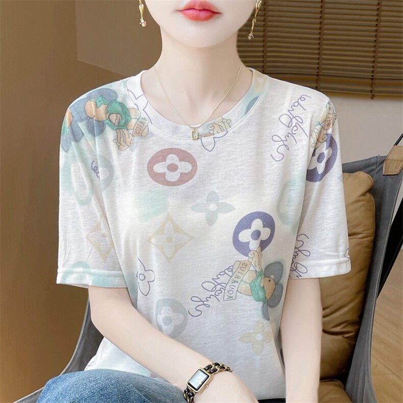 短袖t恤女夏季简约圆领宽松简约百搭花色打底女上衣,针织衫/毛衣,绒宛羊绒