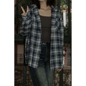 美式复古格子衬衫男女外夏秋季开衫设计感宽松外穿衬衣长袖上衣图片