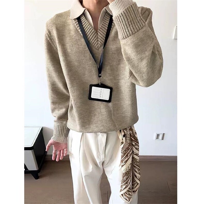 重磅北极绒假两件衬衫领毛衣美式高街复古休闲慵懒纯色翻领针织衫图片