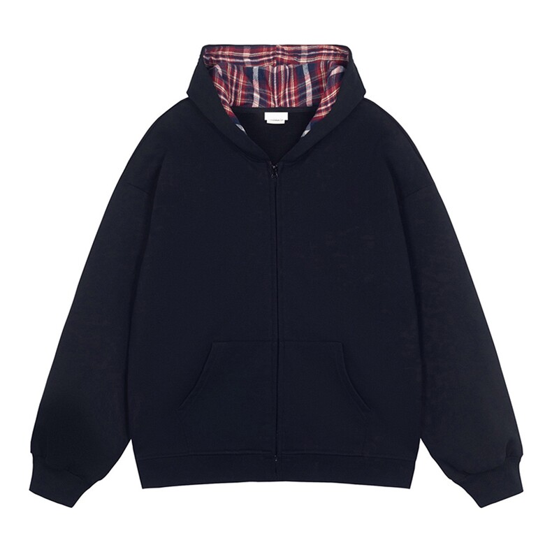 抖音得物品质二开25秋冬美式假两件格子连帽卫衣开衫外套CM35，男装卫衣，电商A486-1