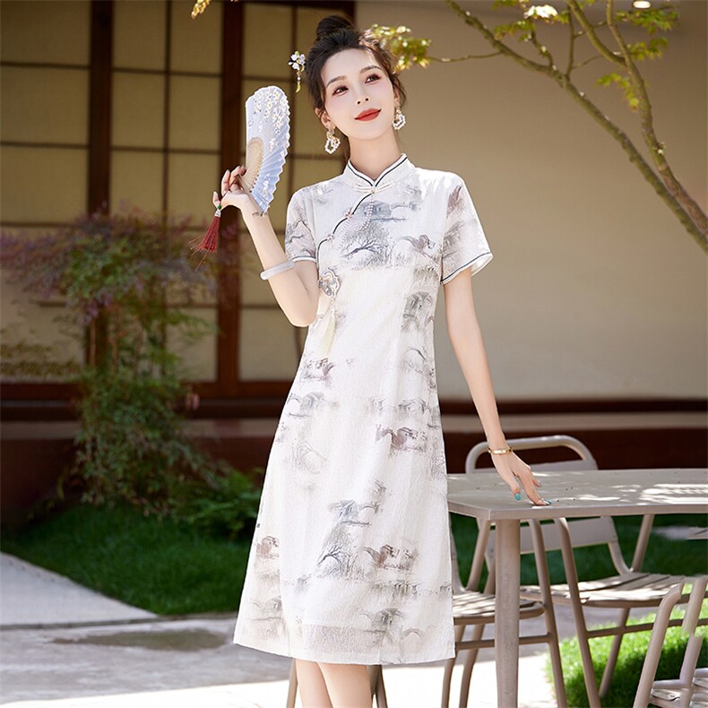 新中式素雅水墨印花连衣裙女2024夏季新款小个子修身国风旗袍裙子,女装连衣裙,艾仟回(原伊仟回)