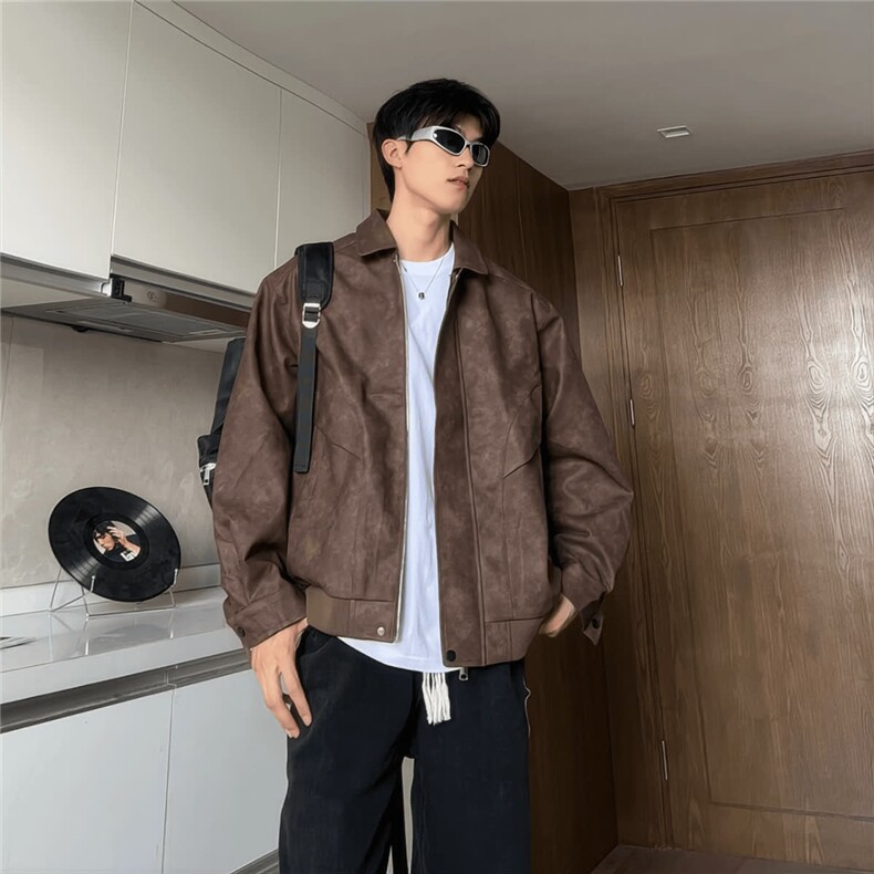 J413-P55 美拉德美式复古棕色皮衣外套男潮高级感cleanfit皮夹克图片