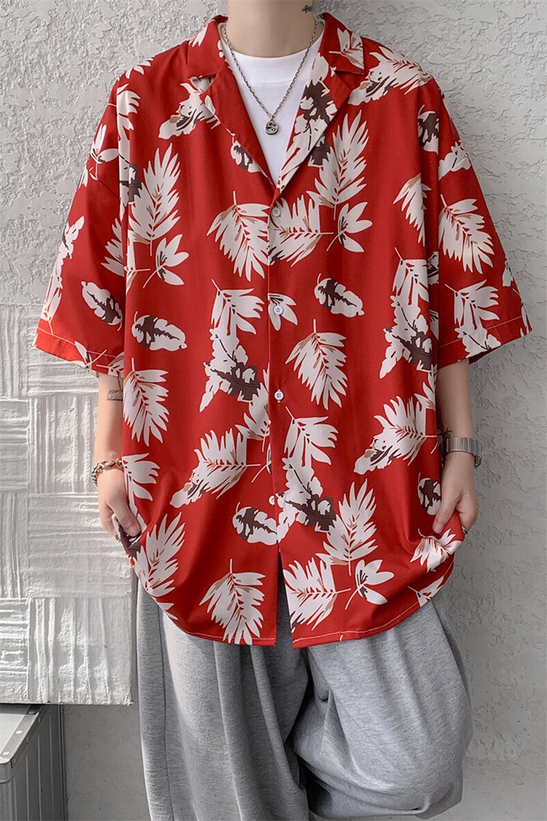 8XL-M冰丝凉感衬衣垂感透气复古花纹宽松男五分袖短袖衬衫CS526,男装T恤,电商D206-1