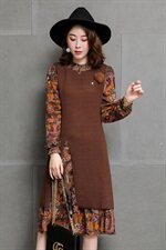 连衣裙2021年秋季潮流简约个性显瘦修身百搭圆领长袖中长款，女装连衣裙，安之芮娜