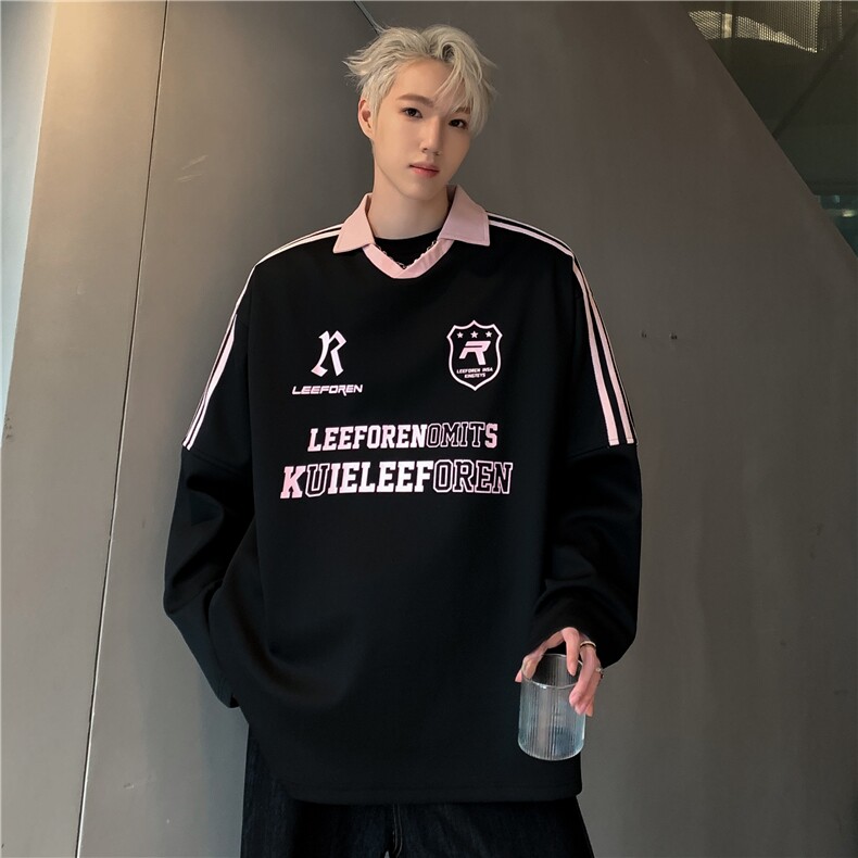 撞色运动学院风V领卫衣男春秋宽松情侣oversize复古打底衫W97-P58,男装T恤,电商C307A