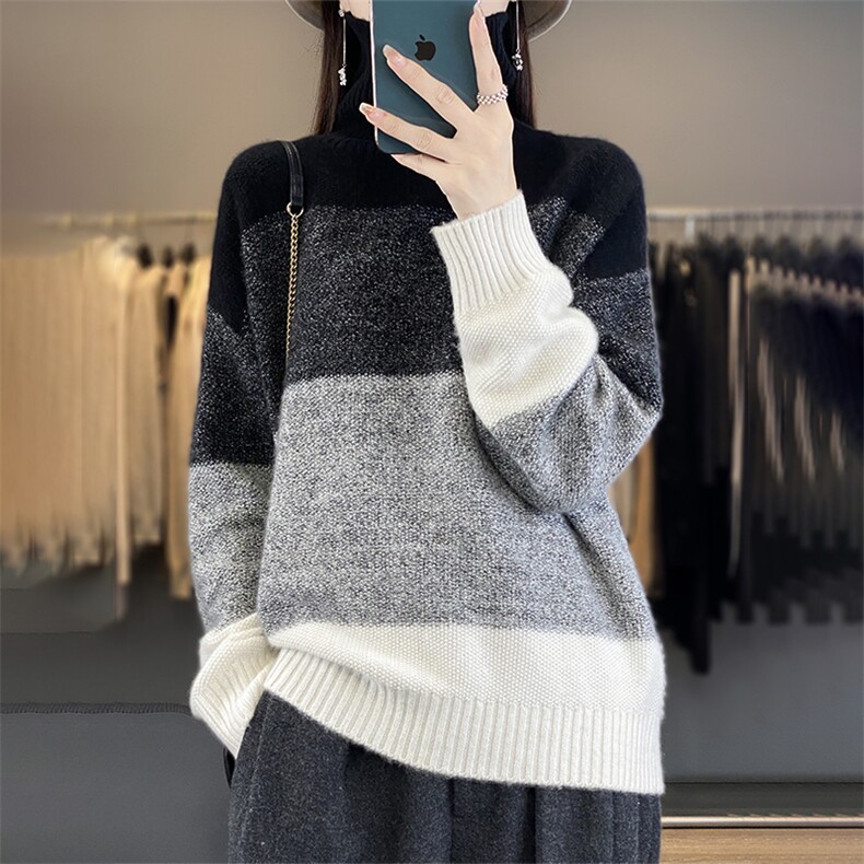 休闲/淑女2024年秋冬季单件长袖高翻领花纱拼色套头羊毛衫图片