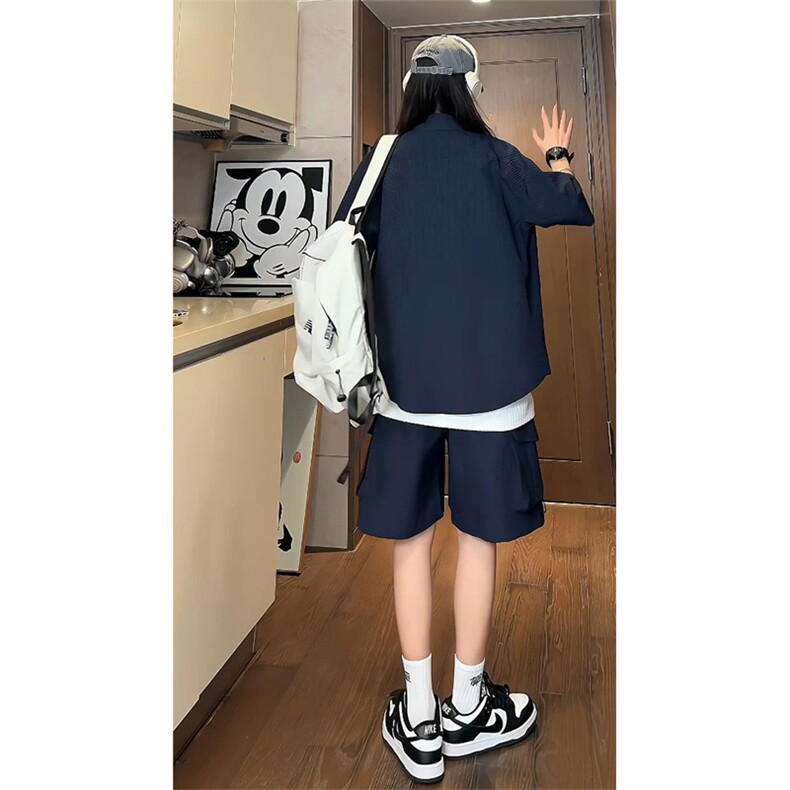 泡泡纱短袖衬衫男装小众高级感穿搭套装夏季薄款宽松大码工装短裤,男装休闲套装,电商B371