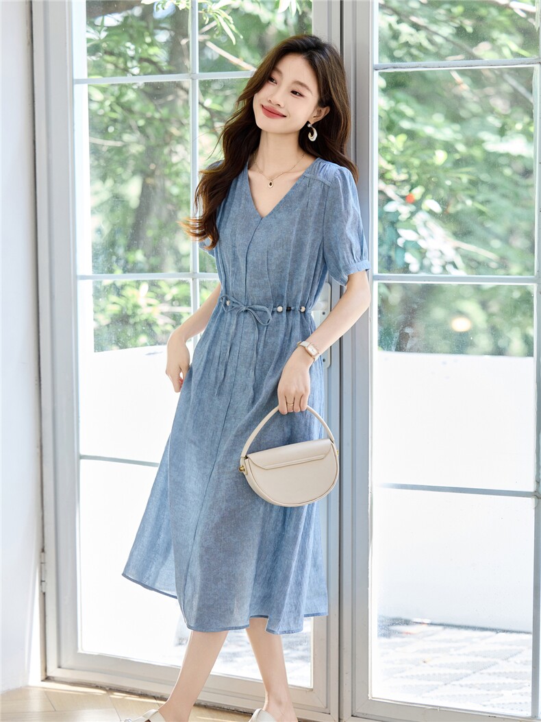 天丝亚麻连衣裙女2025夏季新款宽松V领高级感爆款中长款薄裙子,女装连衣裙,素月