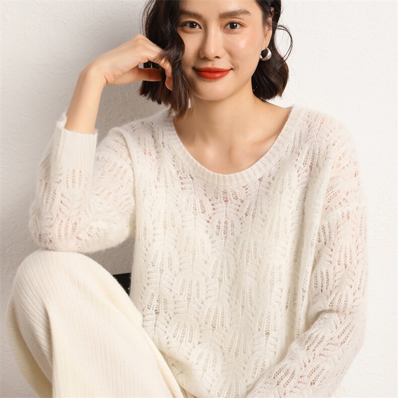 衫女圆领秋冬简约内搭毛衣镂空纯色套头打底衫,女装羊毛衫,五色羊羊绒