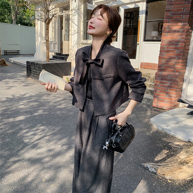 高级感小香风套装女2025春季新款蝴蝶结系带外套阔腿裤显瘦两件套图片