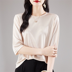 2025年夏季七分袖套头圆领简约舒适纯色上衣，女装针织衫/毛衣，亿美羊绒