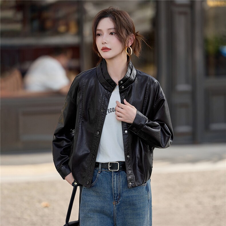 【大量现货】秋季女装新款时尚立领小个子高级感短款皮衣外套,女装皮衣,魅衣本色