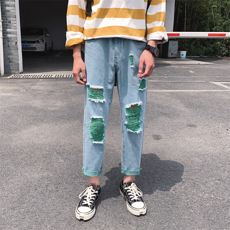 19夏装绿色破洞休闲牛仔裤chic韩版潮流九分裤N/,男装牛仔裤,电商D202