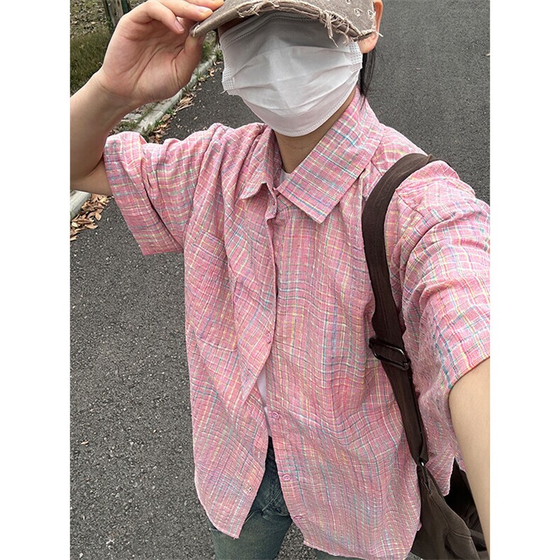 短袖衬衣男夏季新品港风宽松大码青年格子衬衫CS282-P35，男装T恤，星座301C-5