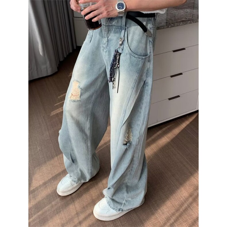 cleanfit水洗做旧破洞牛仔裤男美式复古高街弯刀裤 s6038 p48图片