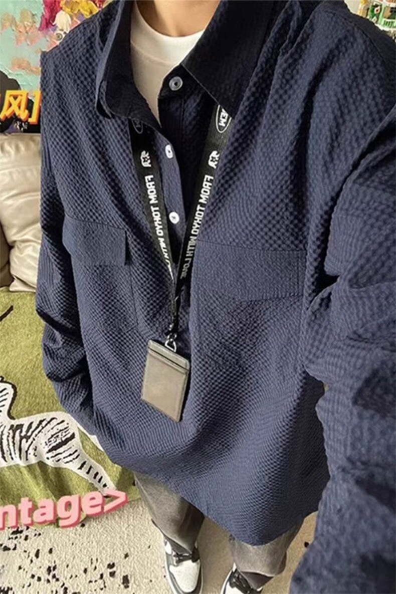 藏青色泡泡纱衬衫男春秋套头半开衫长袖衬衣美式cleanfit情侣外套,男装衬衫,星座908-1