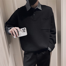 LV287/P88控118冬季元素格纹衬衫领假两件轻奢毛衣男黑首1，男装针织衫/毛衣，星座305B