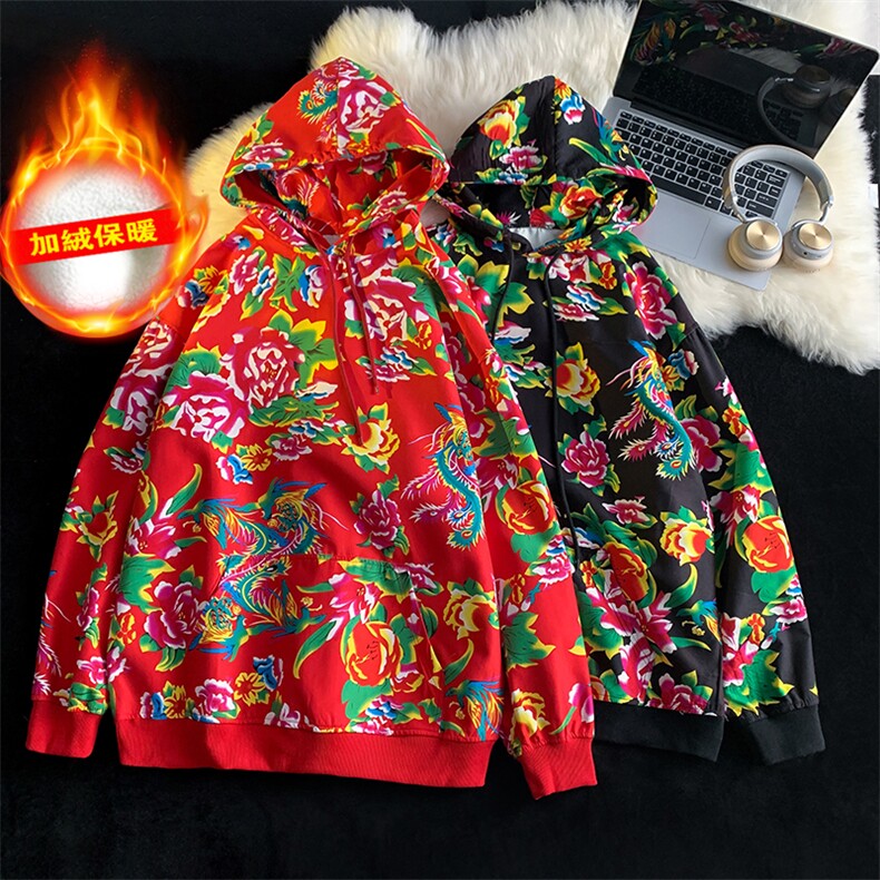 W204冬新男女团队服大花连帽卫衣外套土潮民族特色花卫衣情侣班服，男装民族服装，星座115A-1