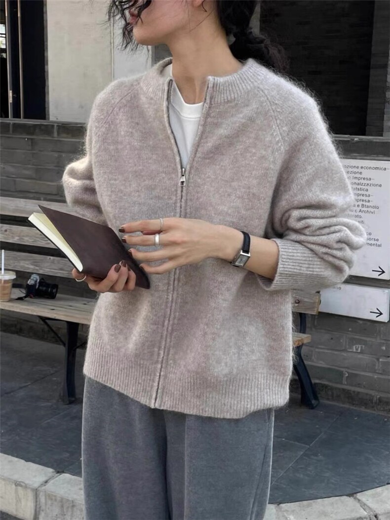 纯色圆领休闲针织拉链外套慵懒风开衫,针织衫/毛衣,思途羊绒