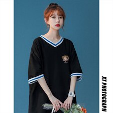 中性风春夏新款宽松螺纹拼色卡通印花短袖T恤女T6879P40控58，男装T恤，电商A268