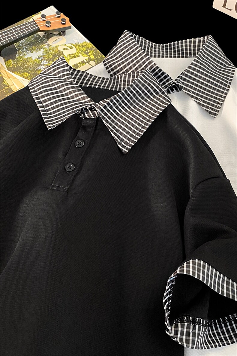 假两件格子拼接短袖T恤男夏季潮牌polo衫美式衬衫领T3652特价P30,男装T恤,电商A007
