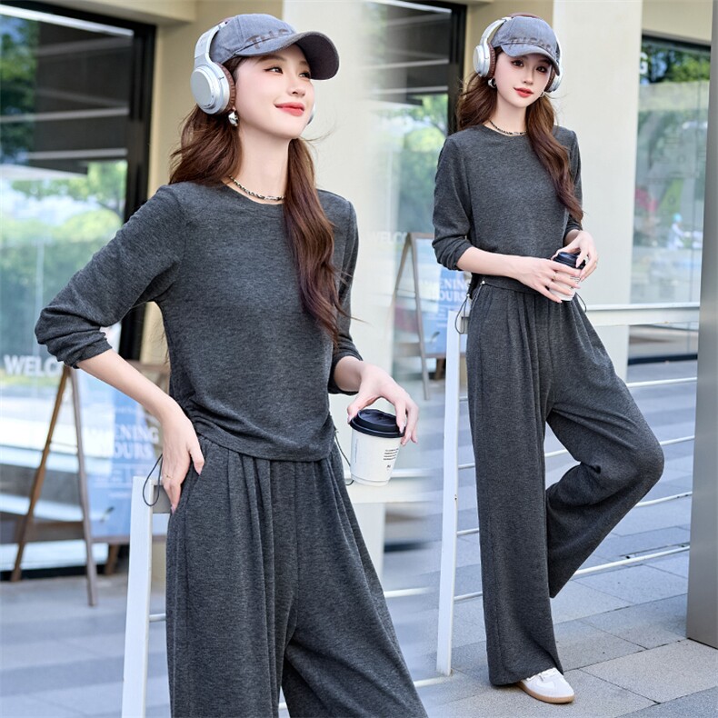 高级感灰色休闲套装女2024秋季新款长袖T恤气质显瘦阔腿裤两件套,女装套装/套裙,依如秀(原杭风阁)