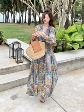 法式复古碎花连衣裙女2025夏季新款设计感小众收腰显瘦气质长裙子，女装连衣裙，韩蜜菓