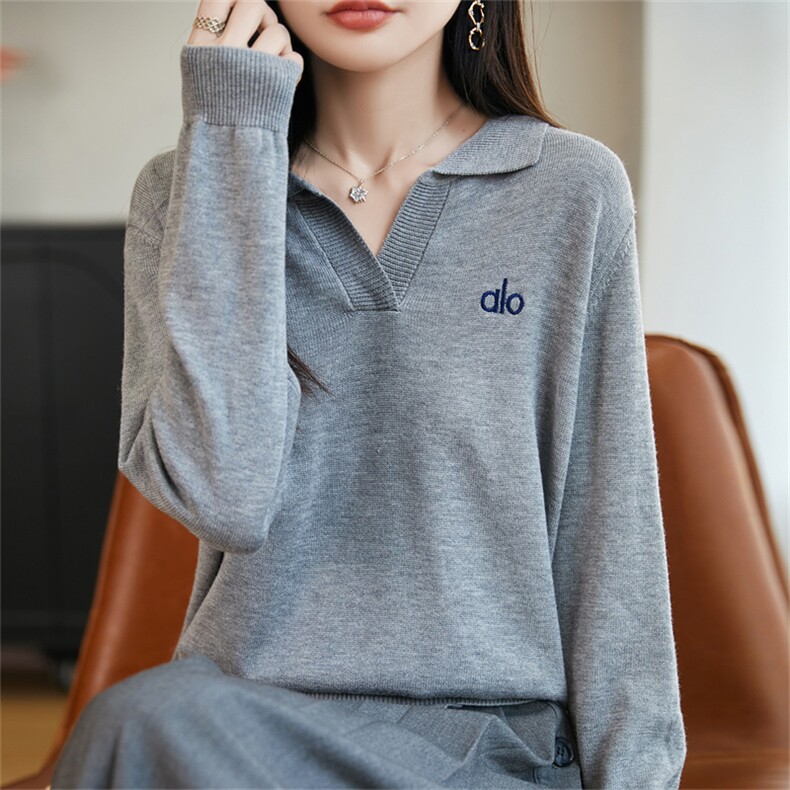 POLO领精纺羊毛衫针织毛衣女春秋新款字母刺绣上衣宽松休闲打底衫,针织衫/毛衣,菲奥羊绒