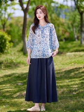 2026年夏季绣花休闲宽松印花上衣半身裙两件套套头轻薄（赠送腰带，女装套装/套裙，靓衣阁