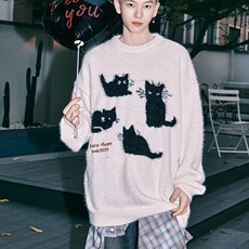 圆领毛衣男款秋季潮牌小猫针织衫上衣大码宽松休闲无帽外套，男装针织衫/毛衣，星座506A
