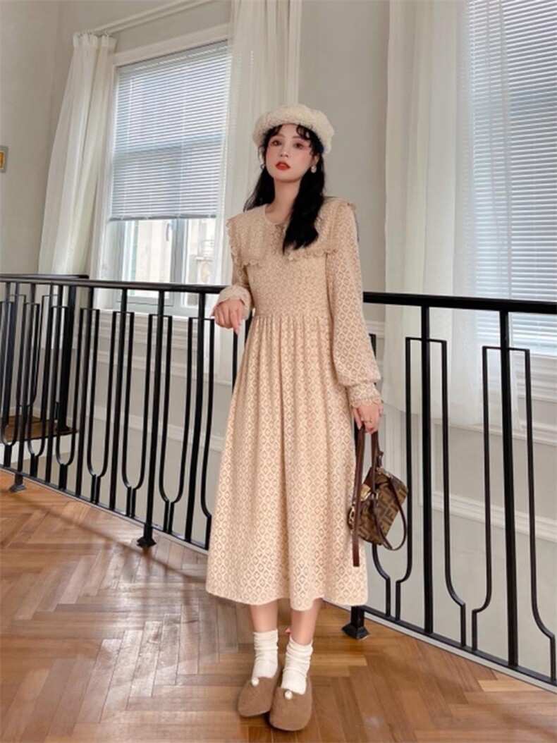 海军领子蕾丝连衣裙，女装连衣裙，安玖拉