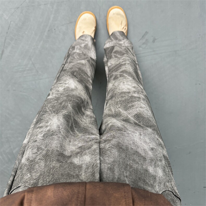 美式高街vibe风迷彩扎染皮裤情侣款直筒微喇裤XZ610A-1-K822-P65，男装皮裤，星座610A-1